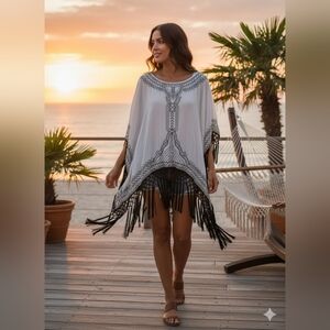 Chico's white black fringe tunic shirt top fringe poncho EUC